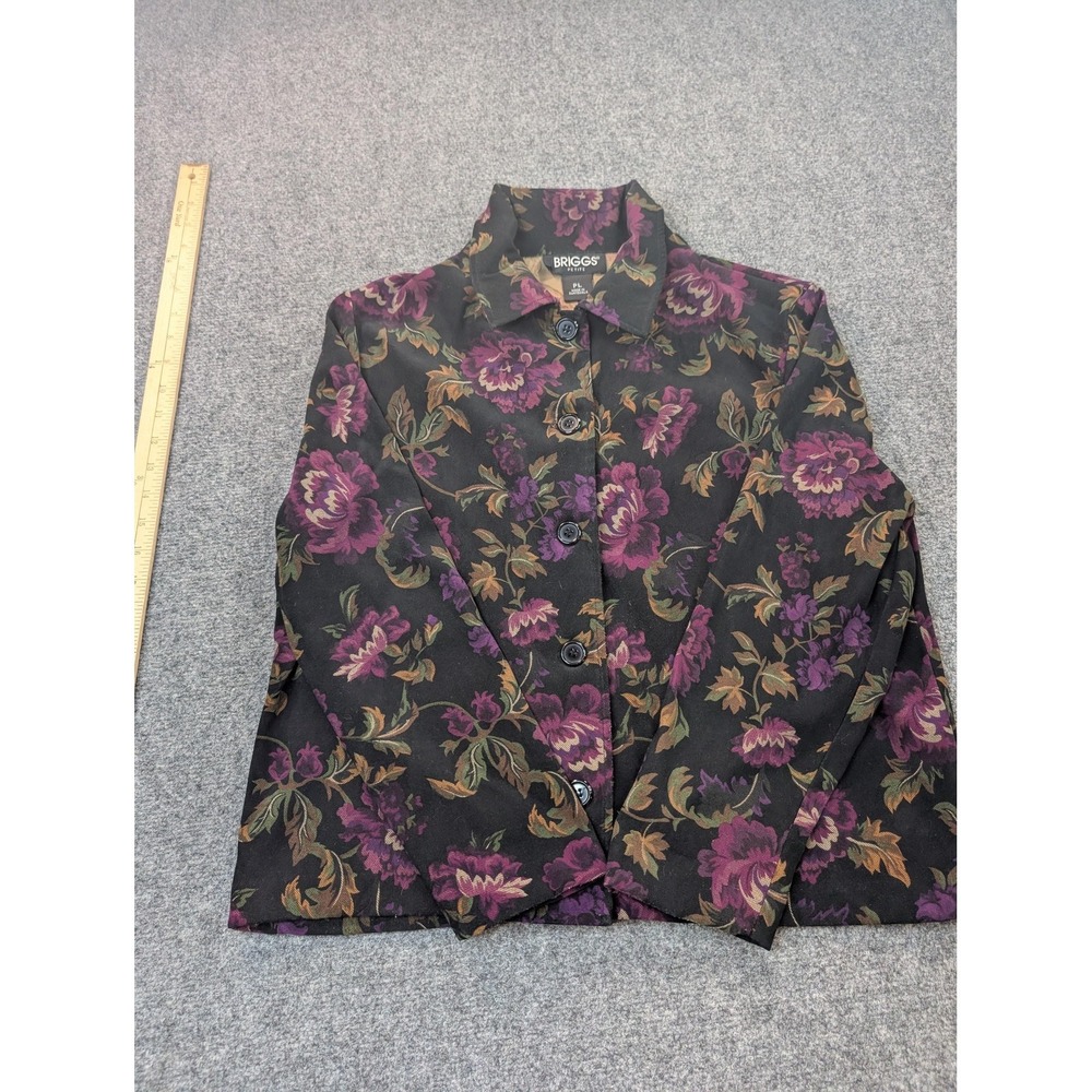 Briggs Jacket Womens PL Black Floral Cotton Button Front Collared Petite
